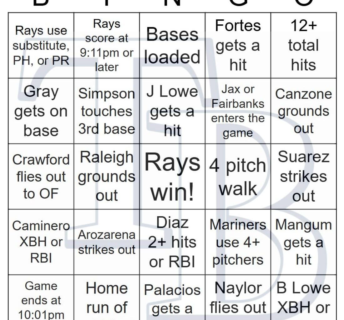 Rays vs Mariners Bingo, 9/01/2025