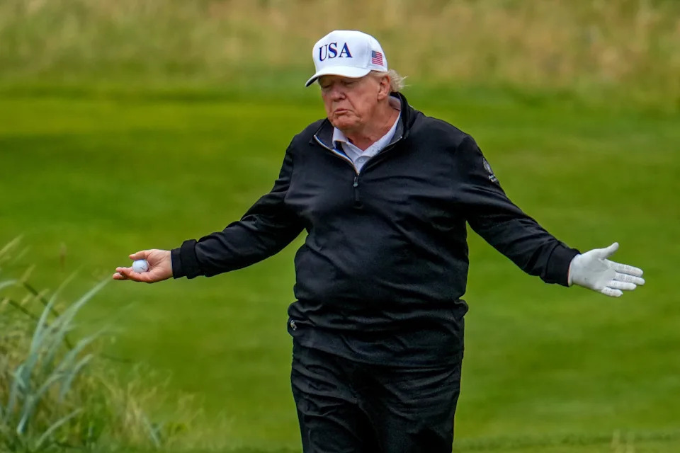 TURNBERRY, SCOTLAND - JULY 27: U.S. President Donald Trump reacts as he plays a round of golf at Trump Turnberry golf course during his visit to the UK on July 27, 2025 in Turnberry, Scotland. U.S. President Donald Trump is visiting his Trump Turnberry golf course, as well as Trump International Golf Links in Aberdeenshire, during a brief visit to Scotland from July 25 to 29. (Photo by Christopher Furlong/Getty Images)Christopher Furlong&sol;Getty Images