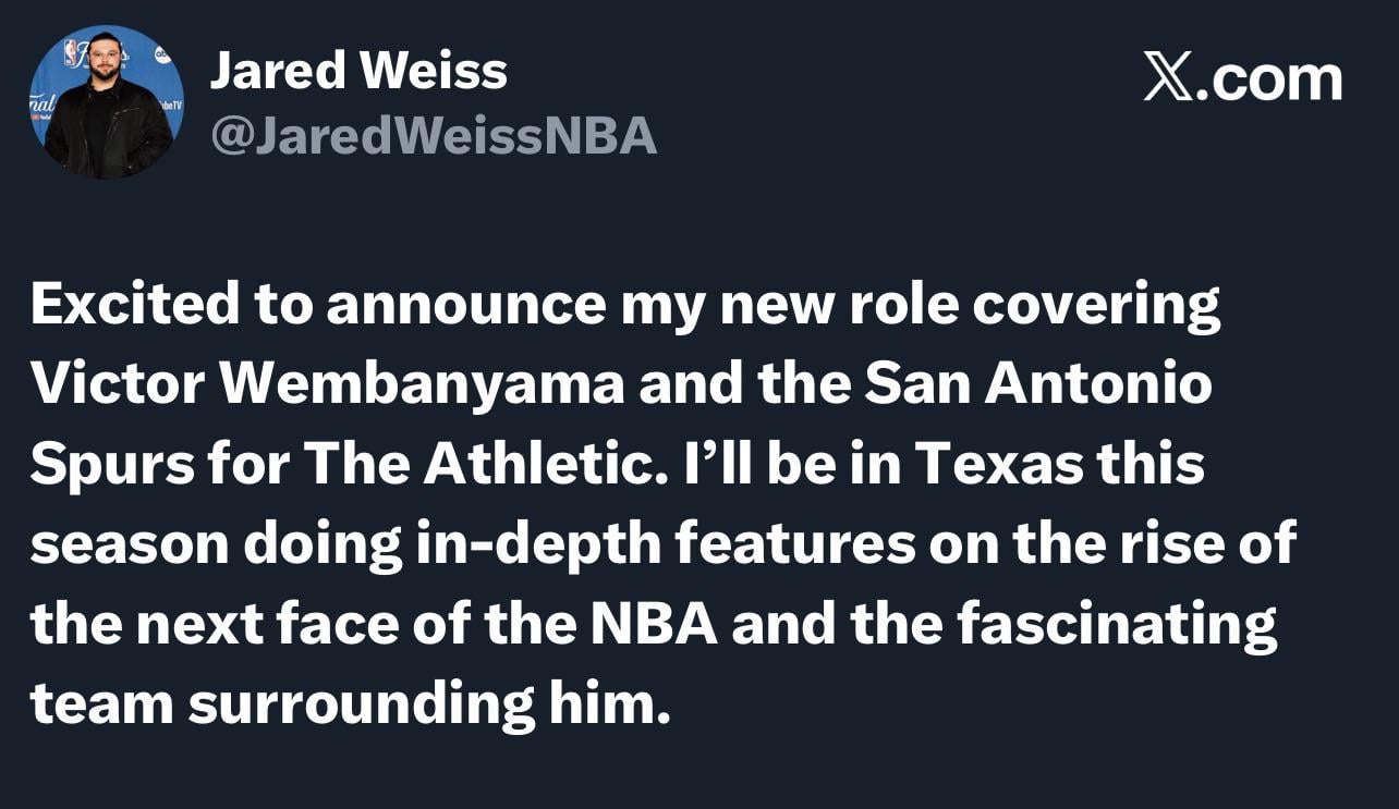 Jared Weiss will be new Spurs beat reporter for The Athletic.
