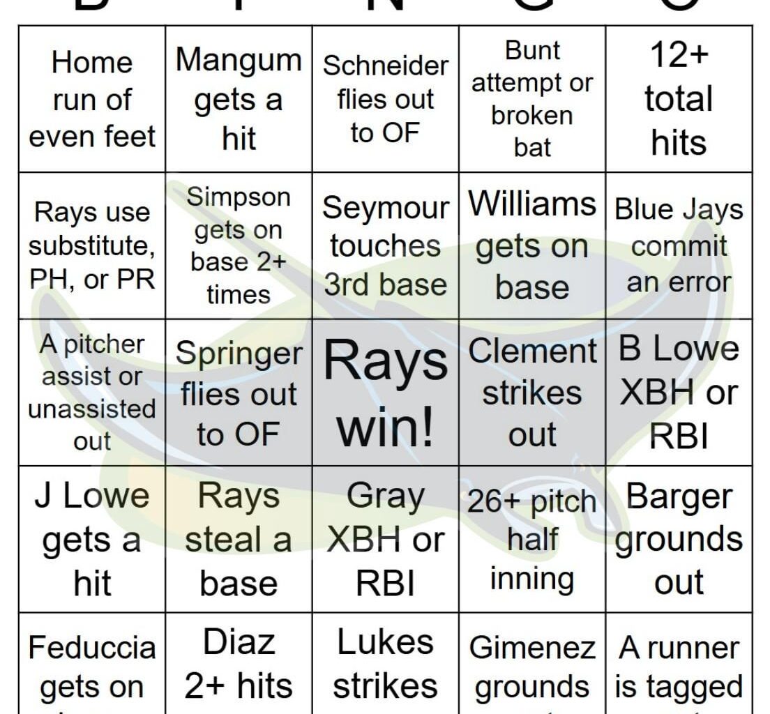 Rays vs Blue Jays Bingo, 99/18/2025