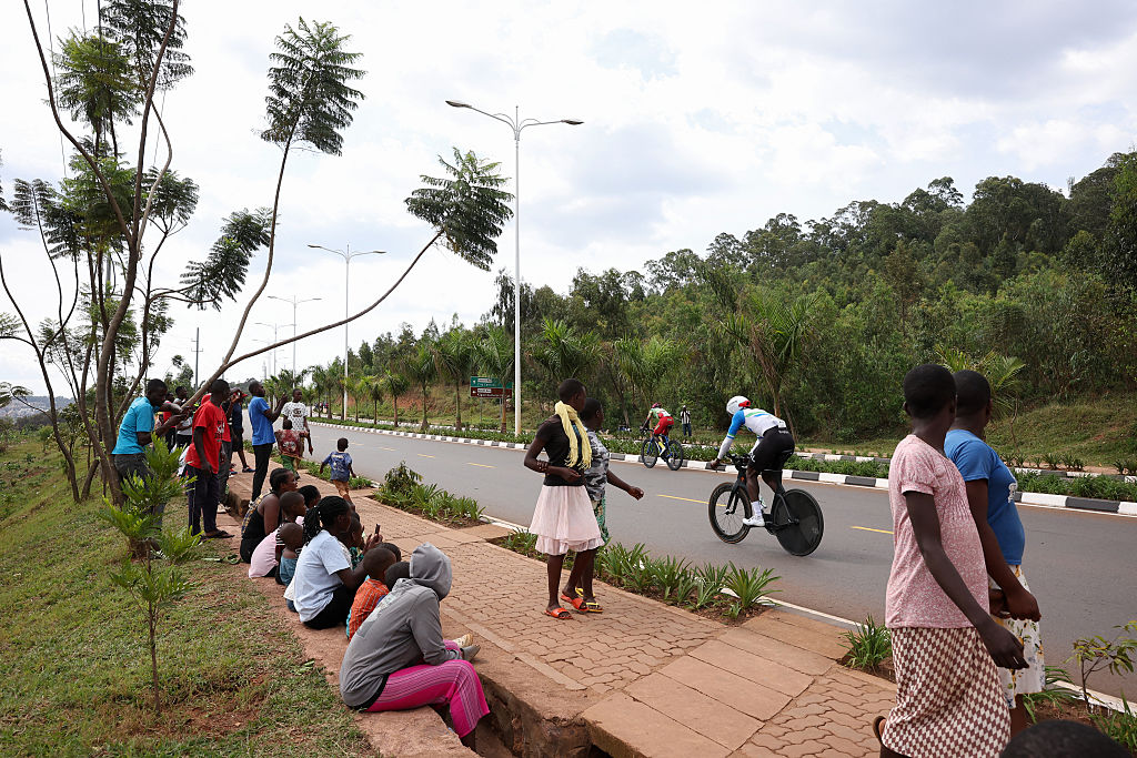 Sierra Leone rider Ibrahim Jalloh competes in the men's Elite Individual Time Trial cycling event during the UCI 2025 Road World Championships, in Kigali, on September 21, 2025. (Photo by Anne-Christine POUJOULAT / AFP)