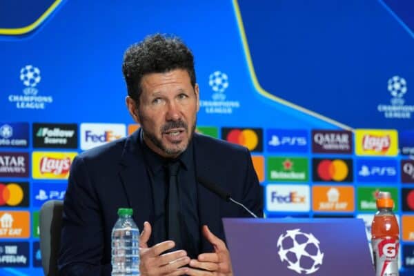 MADRID, SPAIN - JANUARY 21: Diego Simeone, Head Coach of Atletico de Madrid, speaks to the media in post match press conference after the UEFA Champions League 2024/25 League Phase MD7 match between Atletico de Madrid and Bayer 04 Leverkusen at Riyadh Air Metropolitano on January 21, 2025 in Madrid, Spain. (Photo by Aitor Alcalde - UEFA/UEFA via Getty Images)