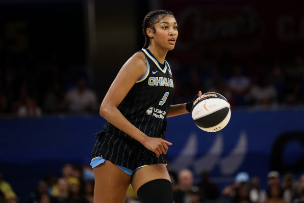 Chicago Sky forward Angel Reese (5) drives down the court during the second quarter against the Washington Mystics at Wintrust Arena Tuesday June 17, 2025, in Chicago.(Armando L. Sanchez/Chicago Tribune)