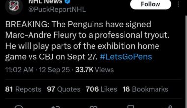 Marc-Andre Fleury will play for Pittsburgh in the preseason game vs CBJ on September 27