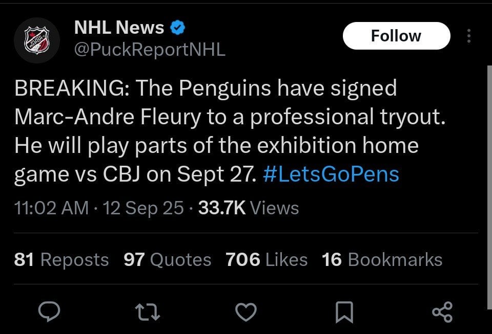 Marc-Andre Fleury will play for Pittsburgh in the preseason game vs CBJ on September 27