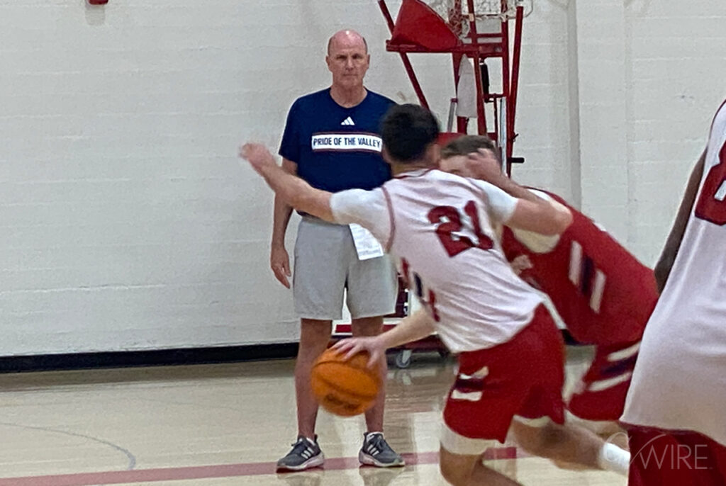 Fresno State head men's basketball coach observes the team's first practice of the season on Sept. 22, 2025