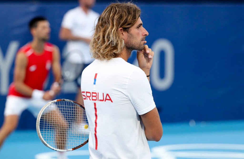 Marko Djokovic watching Novak Djokovic at the 2020 Olympic Games
