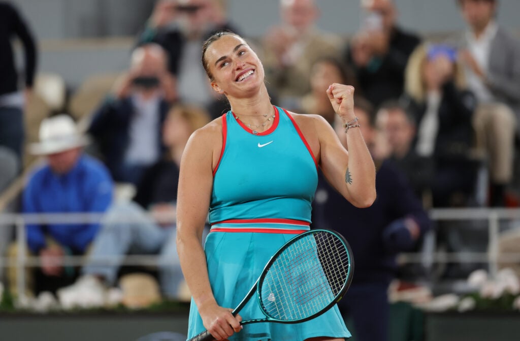 Aryna Sabalenka celebrates winning match point against Iga Swiatek of Poland in the Women's Singles Semi Final match on Day Twelve of the 2025 French Open at Roland Garros.