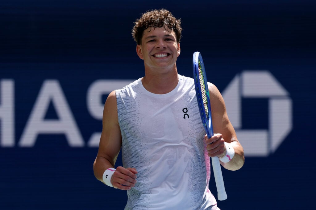 Ben Shelton reacts during his first-round win at the 2025 US Open