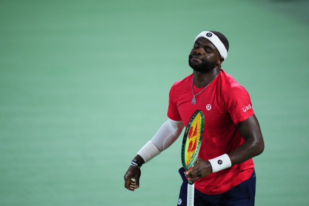 Frances Tiafoe reacts during his defeat to Jiri Lehecka at the 2025 Davis Cup
