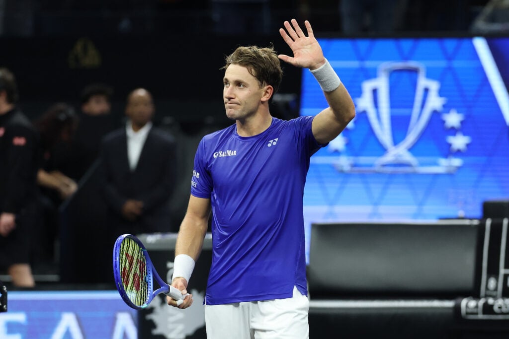 Casper Ruud acknowledges the crowd on day one of the Laver Cup.
