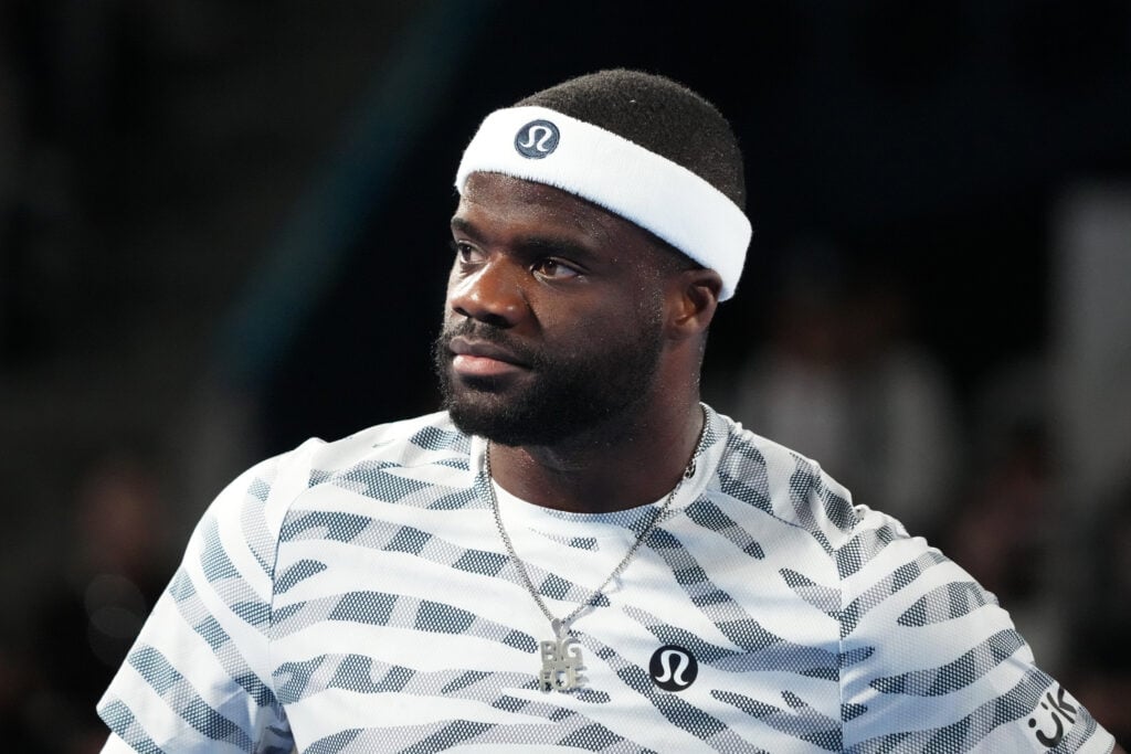 Frances Tiafoe reacts during his first-round defeat at the 2025 Japan Open