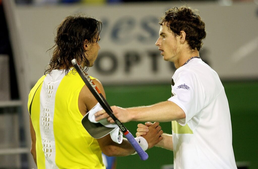 Andy Murray and Rafael Nadal embrace after their match at the 2007 Australian Open