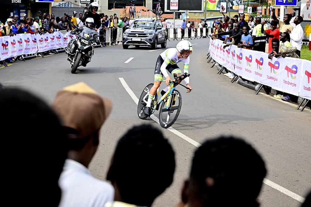 Australian Lucas Plapp pictured in action during the Men Elite Individual Time Trial race (40,8km) at the cycling road world championships, in Kigali, Rwanda, Sunday 21 September 2025. The 2025 UCI Road World Championships take place from 21 to 28 September in Kigali, Rwanda.BELGA PHOTO DIRK WAEM (Photo by DIRK WAEM / BELGA MAG / Belga via AFP)