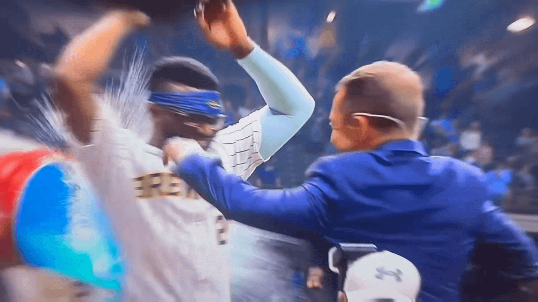 Ken Rosenthal knocks over the camera man and gives him a stink eye as he refuses to help him up