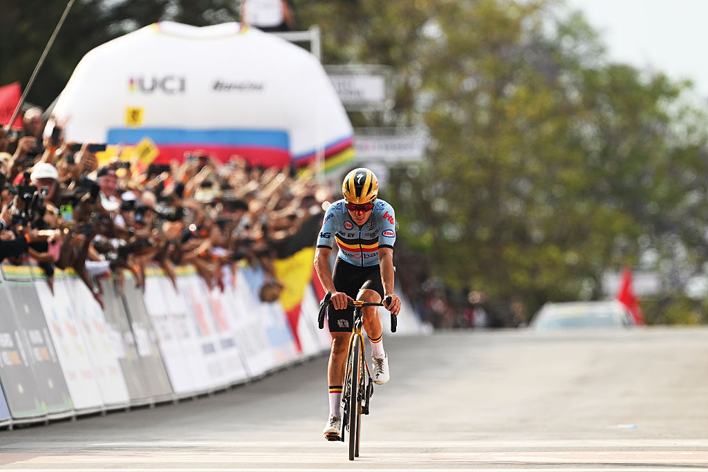 KIGALI, RWANDA - SEPTEMBER 28: Silver medalist Remco Evenepoel and Team Belgium crosses the finish line during the 98th UCI Cycling World Championships Kigali 2025, Men Elite Road Race a 267.5km race from Kigali to Kigali on September 28, 2025 in Kigali, Rwanda. (Photo by Dario Belingheri/Getty Images)