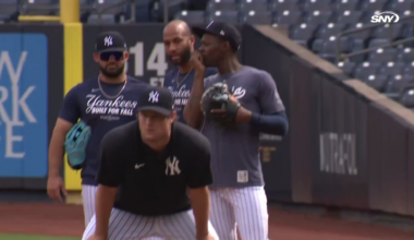 (SNY) Gerrit Cole is serving as a baserunner for the Yankees while they run infield drills