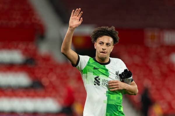 MANCHESTER, ENGLAND - Friday, April 12, 2024: Liverpool's goal-scorer Kaide Gordon celebrates after during the Premier League 2 Division 1 match between Manchester United FC Under-21's and Liverpool FC Under-21's at Old Trafford. Liverpool won 3-0. (Photo by David Rawcliffe/Propaganda)