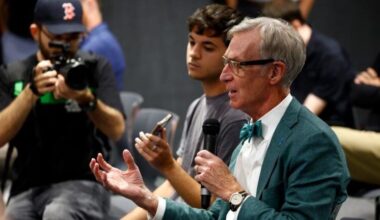 Bill Nye drops by the Auerbach Center and asks Jaylen Brown a question at Celtics Media Day