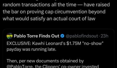 [Pablo Torre] It’s pretty funny that a number of NBA reporters — who use single anonymous sources to break random transactions all the time — have raised the bar on proving cap circumvention beyond what would satisfy an actual court of law