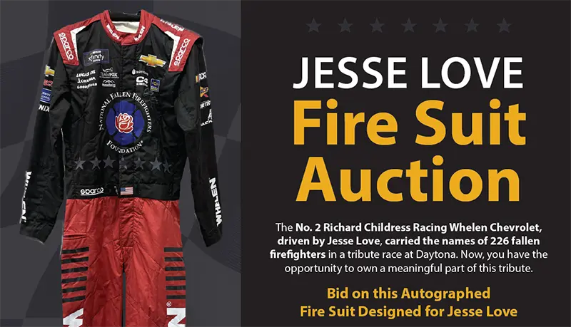 Bid on Jesse Love’s NASCAR Fire Suit to Benefit Firefighters’ Families
