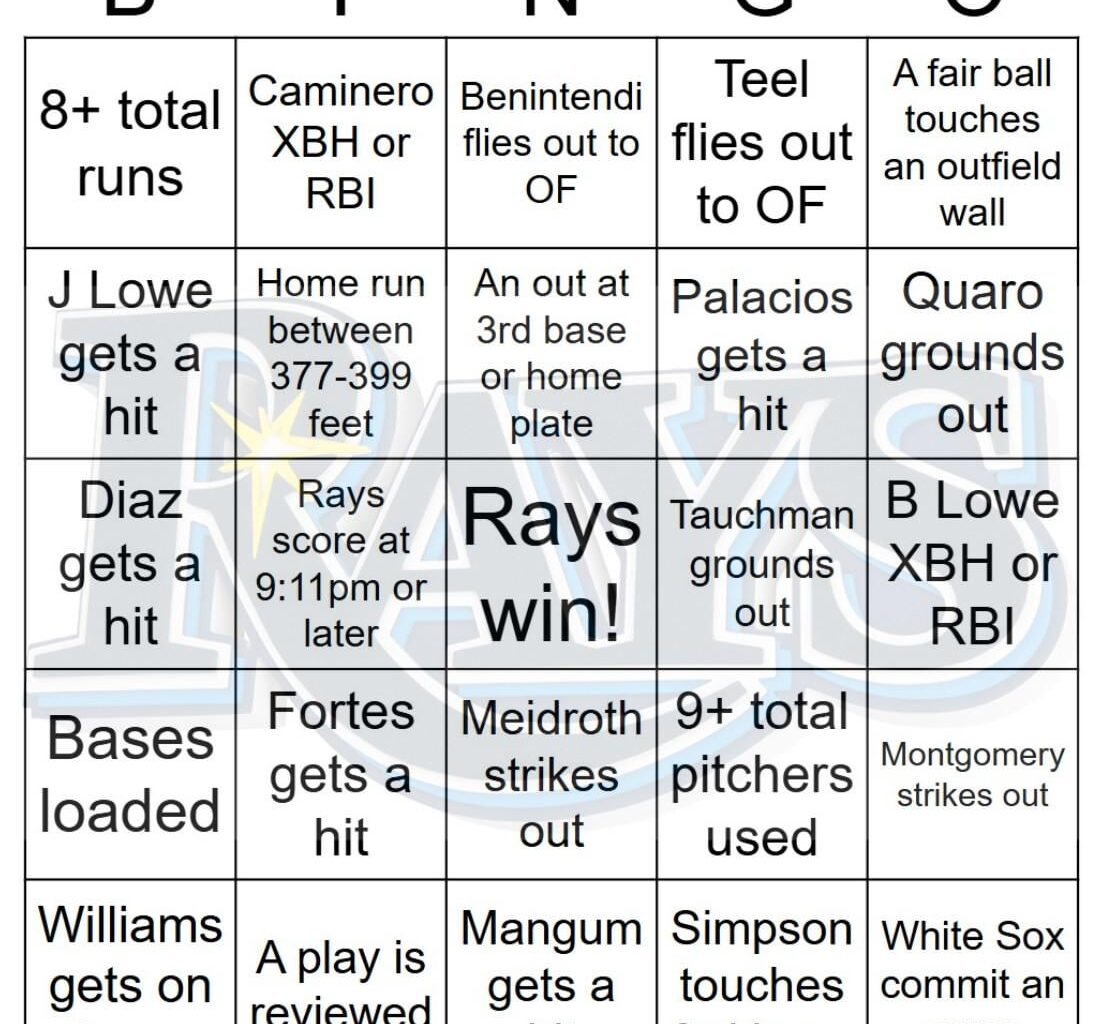 Rays vs White Sox Bingo, 9/10/2025