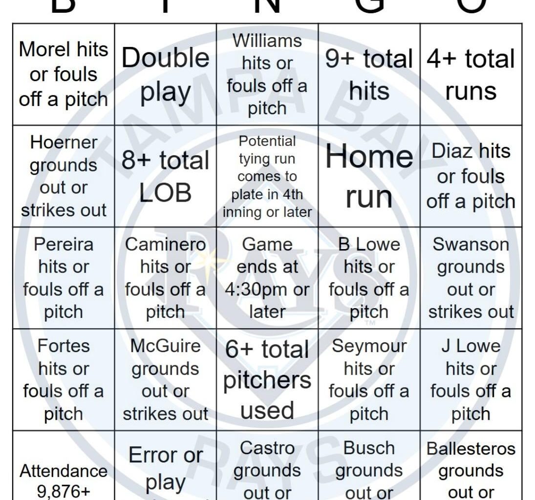 Rays vs Cubs Bingo, Blackout Card Edition, 9/14/2025