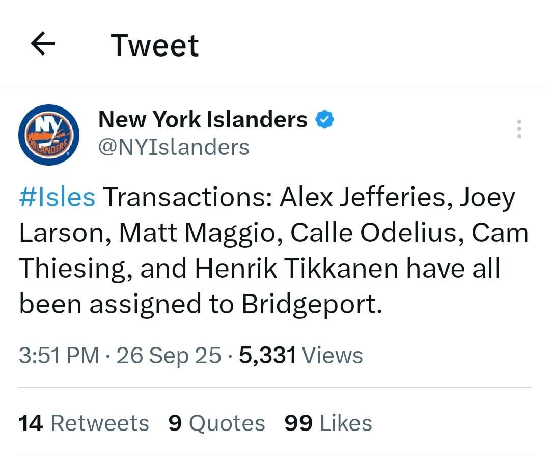Jefferies, Larson, Maggio, Odelius, Thiesing, Tikkanen assigned to Bridgeport