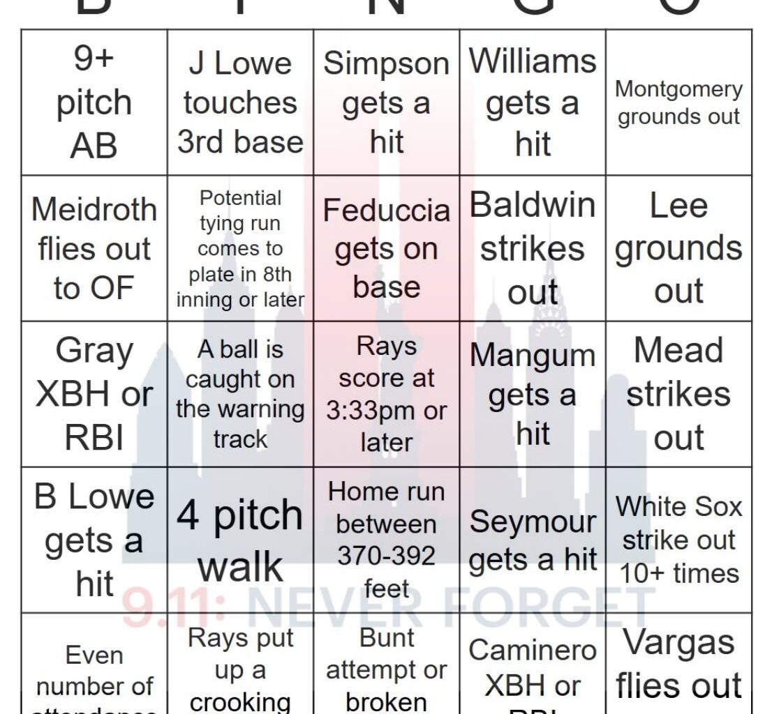 Rays vs White Sox Bingo, 9/11/2025