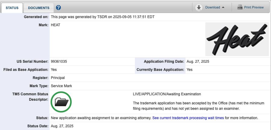 Haven't seen this anywhere yet. The Miami Heat Limited Partnership trademarked a "Heat" variant of the Miami Arena/Vice wordmark on August 27th