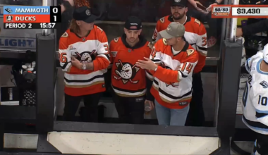 Zach Neto chugs beer on Jumbotron. Anaheim Ducks score two goals in one minute. Coincidence? I think not.