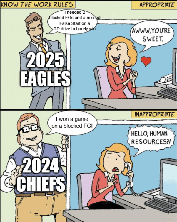 November 2024 "If you need to block a kick to win the game you basically lost, what a bunch of frauds!" September 2025 "Wow! 2 blocked Field Goals to win the game??? This team just does whatever it takes to win!"