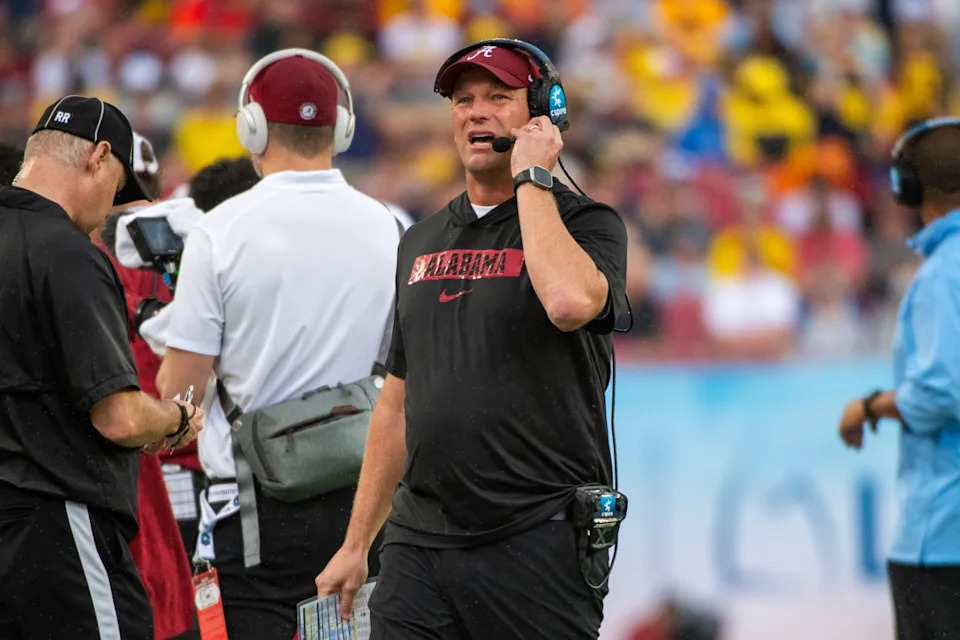 TAMPA, FLORIDA - DECEMBER 31: Head Football Coach Kalen DeBoer of the Alabama Crimson Tide is seen on the sideline during the first half of the 2024 ReliaQuest Bowl against the Michigan Wolverines at Raymond James Stadium on December 31, 2024 in Tampa, Florida. (Photo by Aaron J. Thornton/Getty Images)Aaron J. Thornton/Getty Images