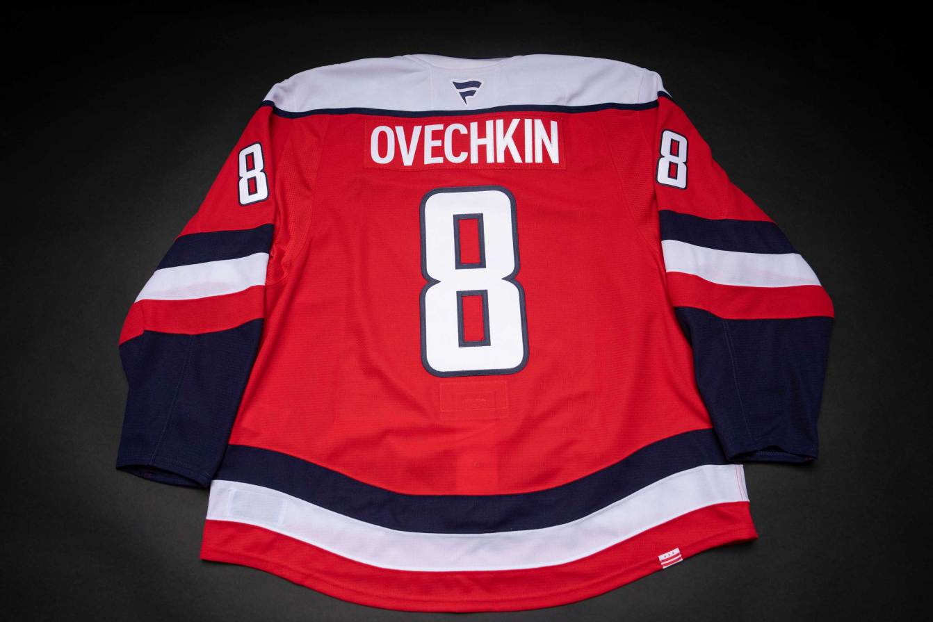 The back of the Washington Capitals' third jersey featuring the Screaming Eagle in red, white, and blue