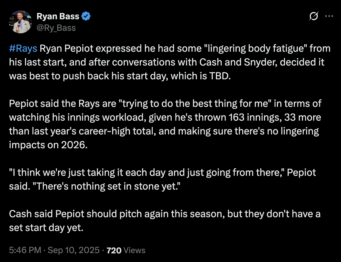 Pepiot totally gassed, might not pitch again this season