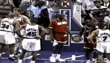 Former Major League Baseball player Danny Ainge "accidentally" snipes Mario Elie with a fastball during the 1994 Playoffs