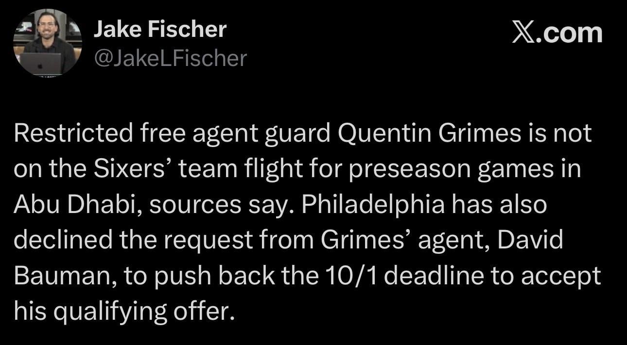 [Fischer] Restricted free agent guard Quentin Grimes is not on the Sixers’ team flight for preseason games in Abu Dhabi, sources say. Philadelphia has also declined the request from Grimes’ agent, David Bauman, to push back the 10/1 deadline to accept his qualifying offer.