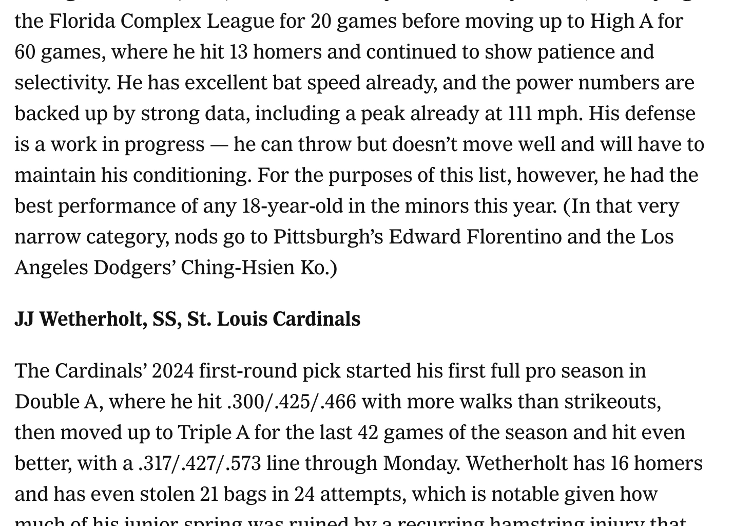 Keith Law of The Athletic lists Wetherholt and Rodriguez within top 6 minor leaguers this year