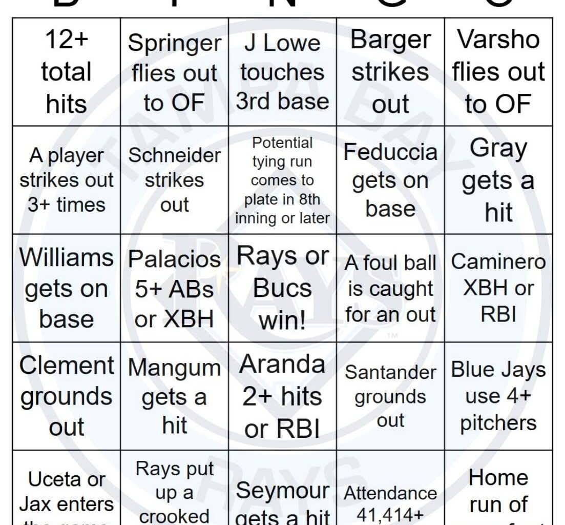 Rays vs Blue Jays Bingo, Final Game Edition, 9/28/2025