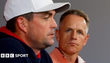 US Ryder Cup captain Keegan Bradley and his European counterpart Luke Donald speaking at a news conference on Monday at Bethpage