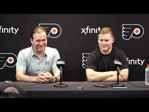 Michkov quotes "forecheck, backcheck ... paycheck(?)" when asked about Grebenkin