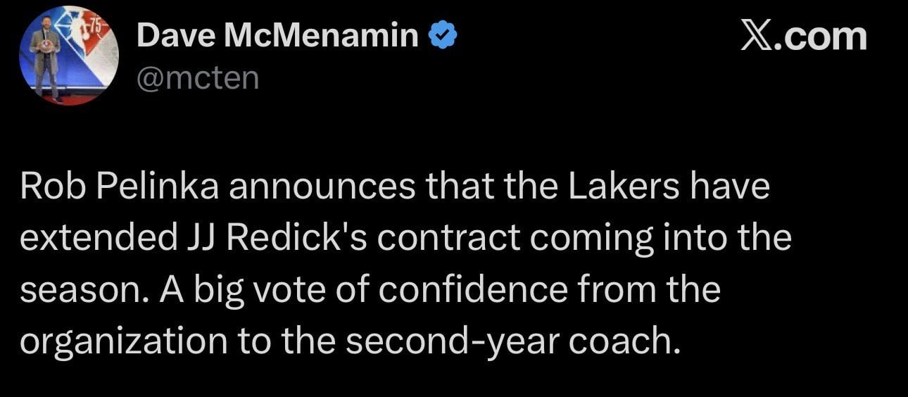 [McMenamin] Rob Pelinka announces that the Lakers have extended JJ Redick's contract coming into the season. A big vote of confidence from the organization to the second-year coach.