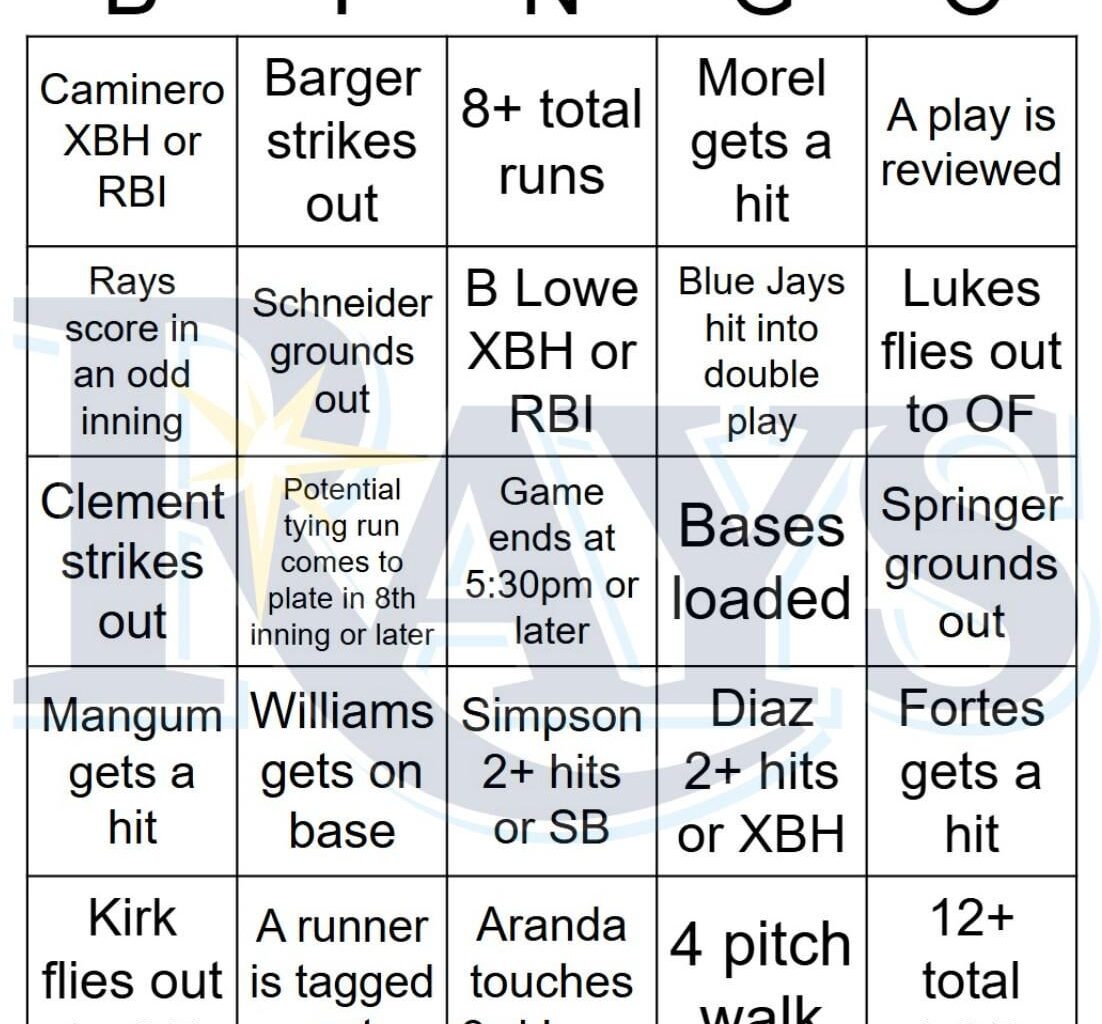 Rays vs Blue Jays Bingo, 9/27/2025