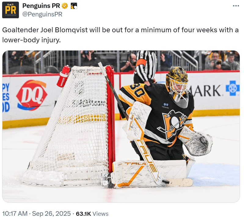 [Penguins PR] Goaltender Joel Blomqvist will be out for a minimum of four weeks with a lower-body injury.