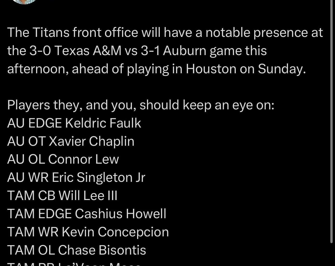 Titans will be heavily scouting talent during the Texas A&M-Auburn game
