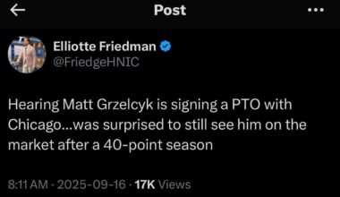 [Friedman] Hearing Matt Grzelcyk is signing a PTO with Chicago...was surprised to still see him on the market after a 40-point season