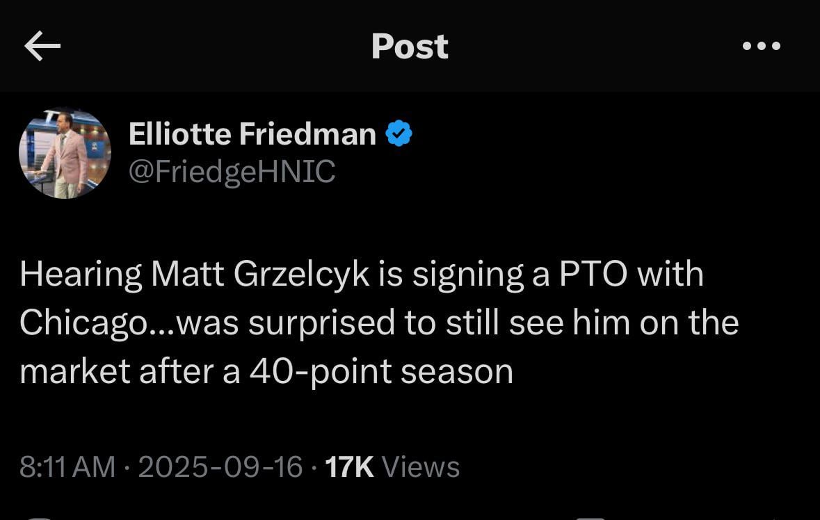 [Friedman] Hearing Matt Grzelcyk is signing a PTO with Chicago...was surprised to still see him on the market after a 40-point season