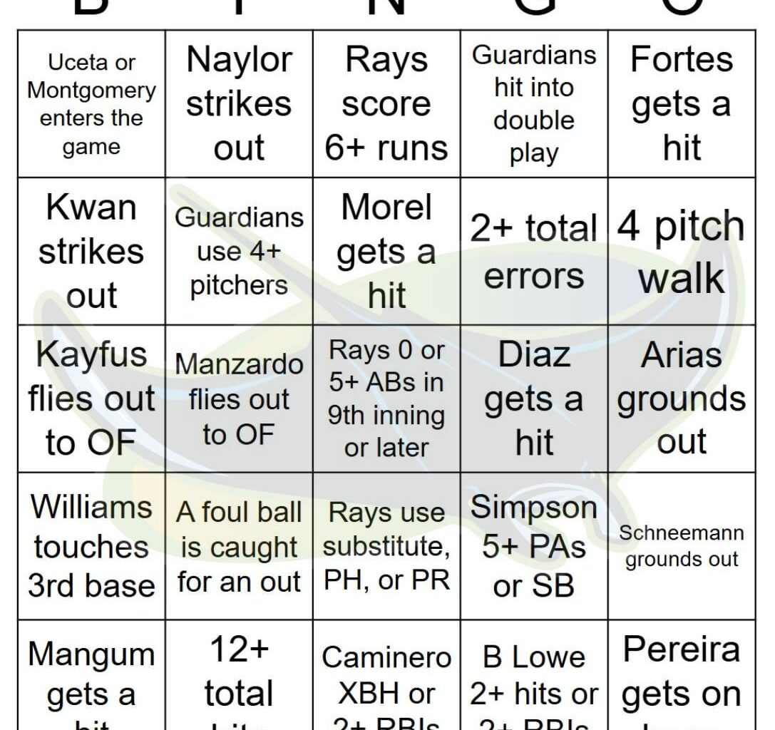 Rays vs Guardians Bingo, 9/04/2025
