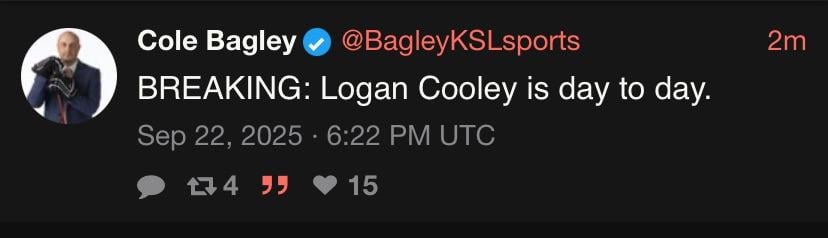 [BagleyKSLSports] BREAKING: Logan Cooley is day to day.