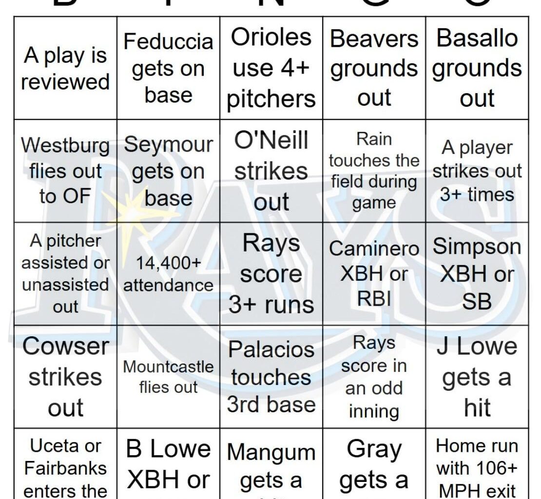 Rays vs Orioles Bingo, 9/24/2025